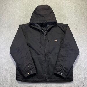 VINTAGE Dickies Work Jacket Mens XL Black Quilt Lined Hooded Workear Zipper Flaw